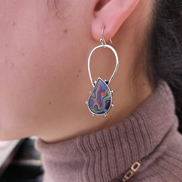 Rainbow Agate Style Teardrop Dangle Earrings, Silver - Picture 6 of 6